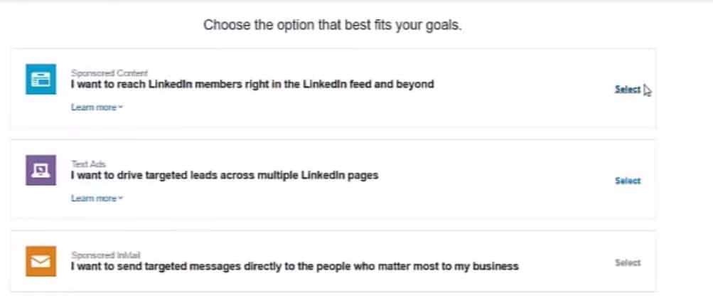 LinkedIn campaign type selection showing text ads, sponsored content, and InMail options