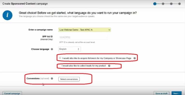 LinkedIn campaign settings interface showing naming, language, and tracking options