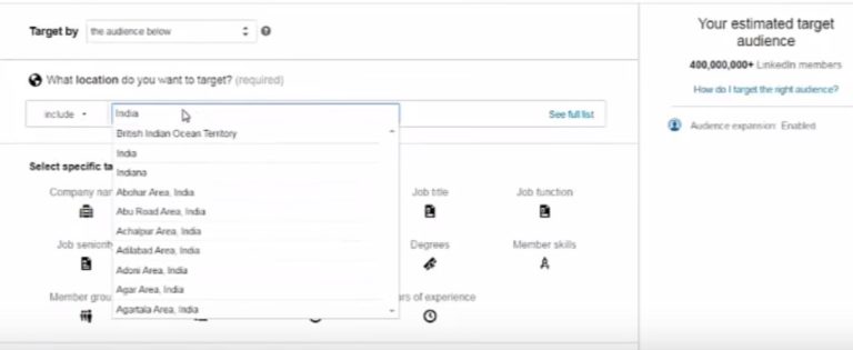 LinkedIn geographic targeting interface showing location selection options