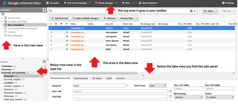 Google Ads Editor layout showing toolbar, tree view, type list and data view sections