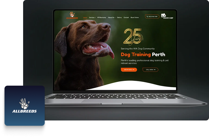 A laptop displays a website for Allbreeds dog training in Perth, featuring a happy brown dog, the company logo, and a “25 years” anniversary badge. The site promotes dog training services alongside Google Ads for Housekeeping WA.