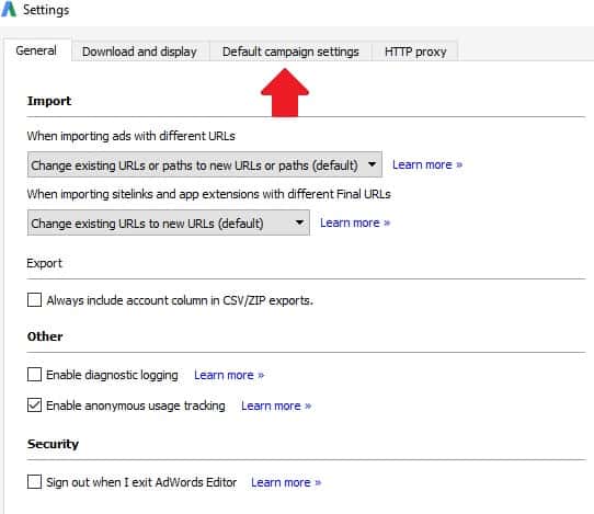 Google Ads Editor default settings screen showing language and location options