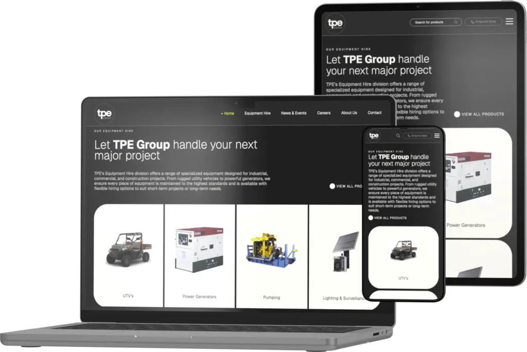 A laptop, tablet, and mobile phone display the TPE Group website homepage, featuring equipment images and the text “Let TPE Group handle your next major project.”.