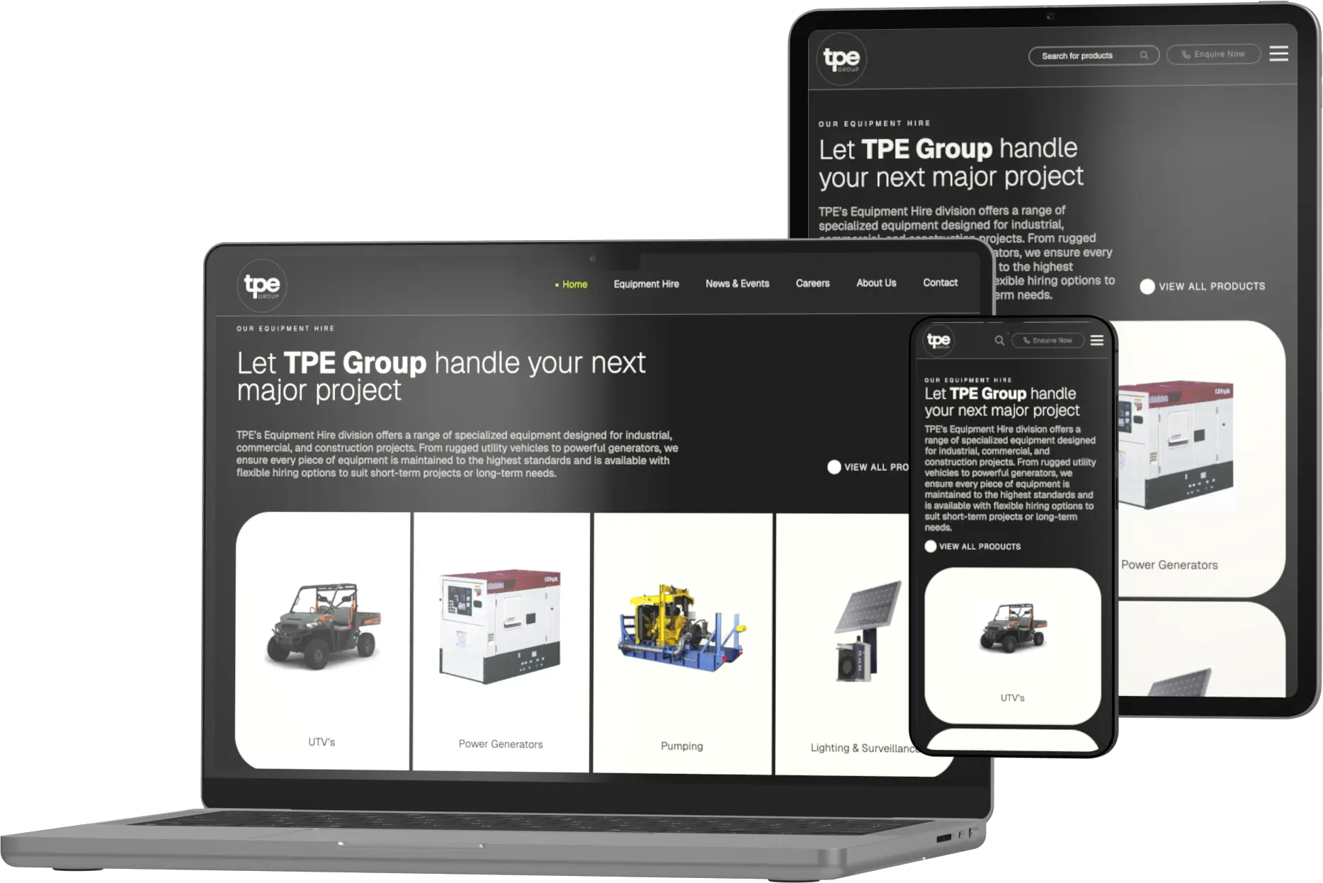 A laptop, tablet, and mobile phone display the TPE Group website homepage, featuring equipment images and the text “Let TPE Group handle your next major project.”.