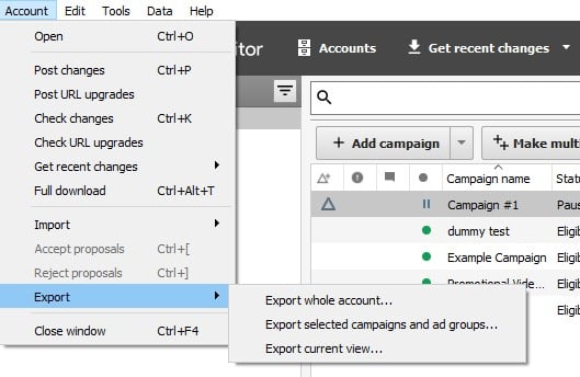 Export account options in Google Ads Editor showing file format selection
