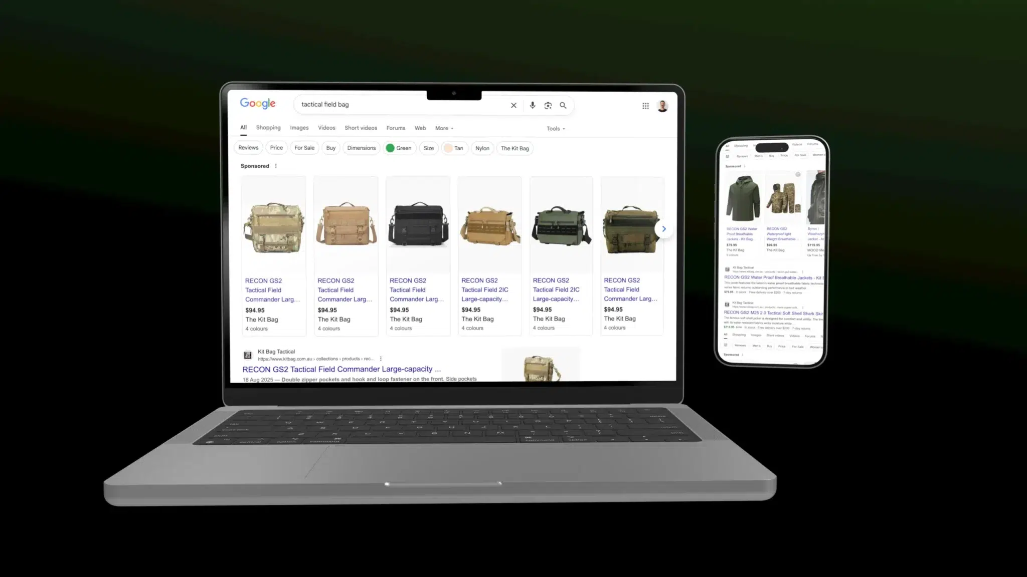 A laptop and a mobile phone display Google search results for tactical field bag, showing images and links to various tactical bags and related products on both screens.