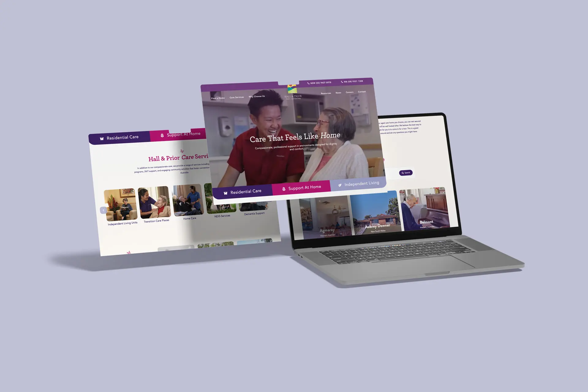 A laptop displays a website, with two additional overlapping web pages floating above it. The screens show images of people and user interface elements, suggesting a Hall & Prior healthcare or care-giving service website.