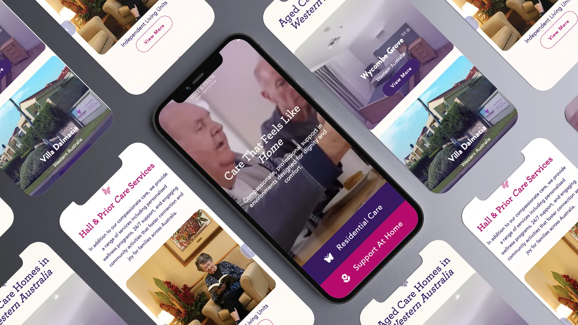 A smartphone displays a Hall & Prior website about residential care, with blurred images of elderly people. Surrounding the phone are overlapping screens showcasing care home services, photos of buildings, and residents in comfortable surroundings.
