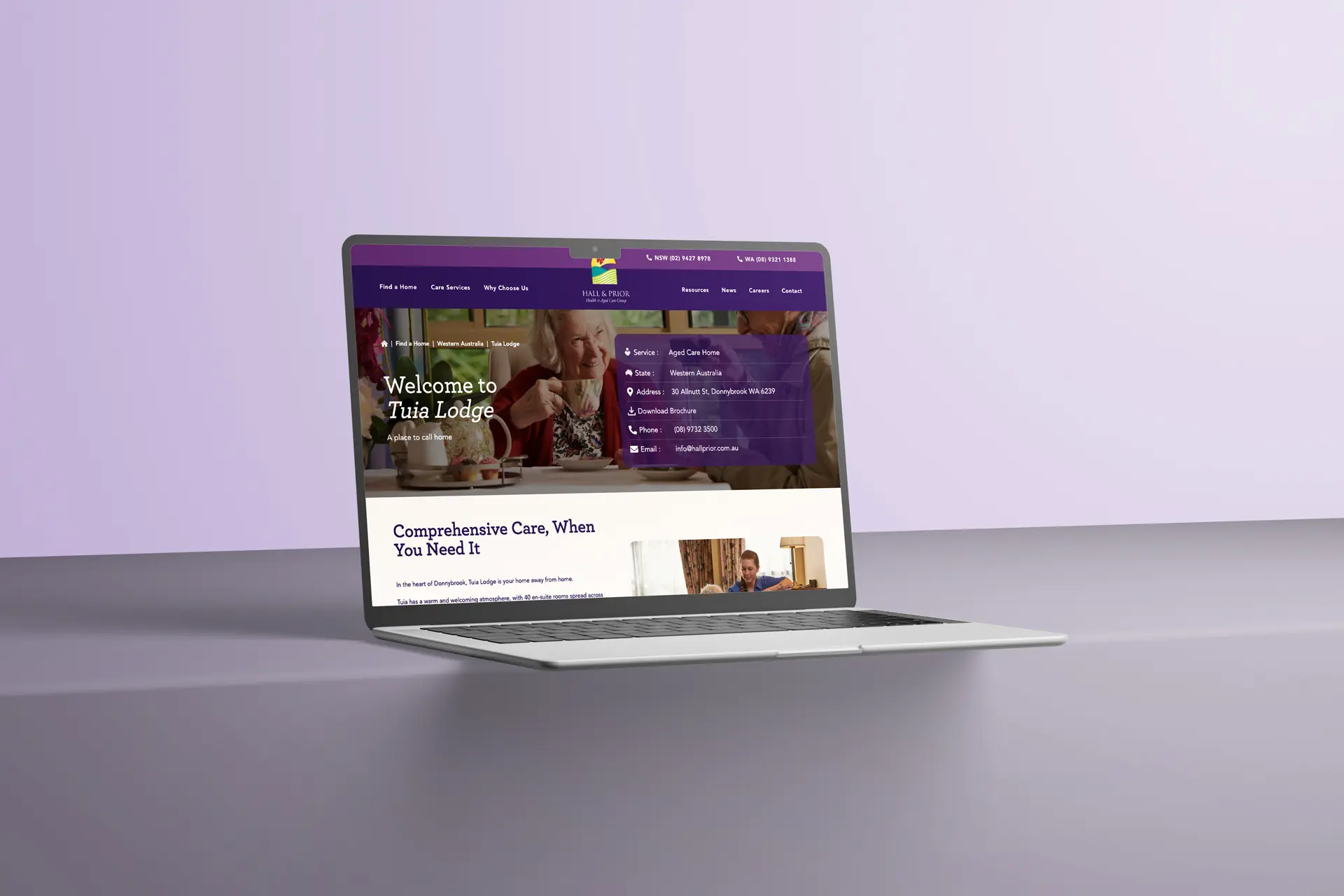 A laptop on a lavender surface displays a website for Julia Lodge, part of Hall & Prior, featuring a purple header, navigation menu, welcome message, and information about comprehensive care services.