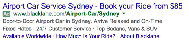 Google search results showing bolded keywords in expanded text ad for airport car service Sydney