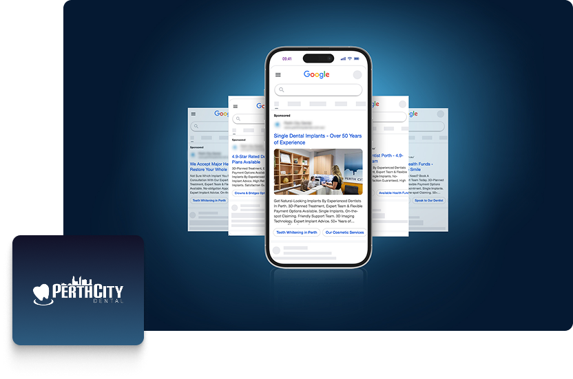 A smartphone displays a Google search result for Single Dental Implants, highlighting Perth City Dental. Overlapping browser windows appear in the background, with the Perth City Dental logo in the lower left corner on a blue gradient, emphasising SEO strategies.