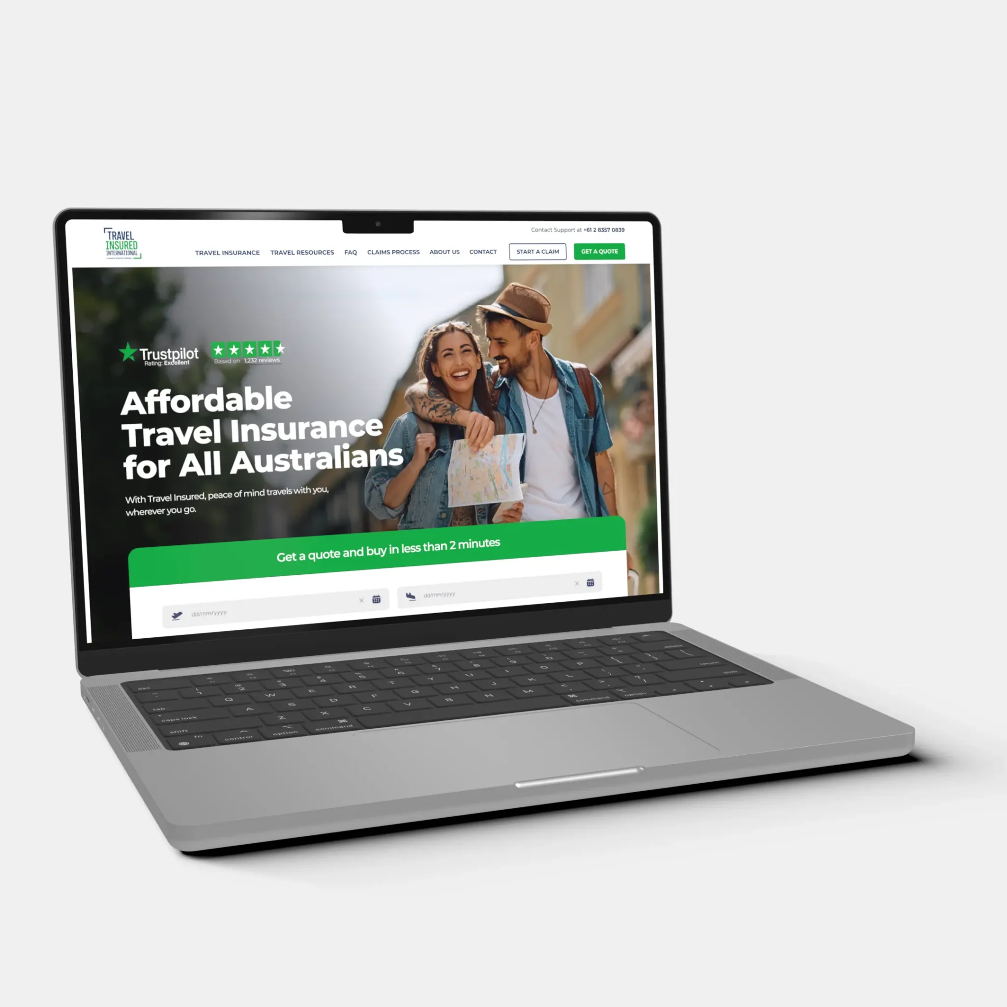 A laptop displays a website offering affordable travel insurance for Australians, featuring a smiling couple with rucksacks and hats, a Trustpilot rating, and a green button to get your quote for insured travel.
