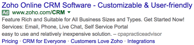 Expanded text ad with sitelink extensions showing additional navigation options