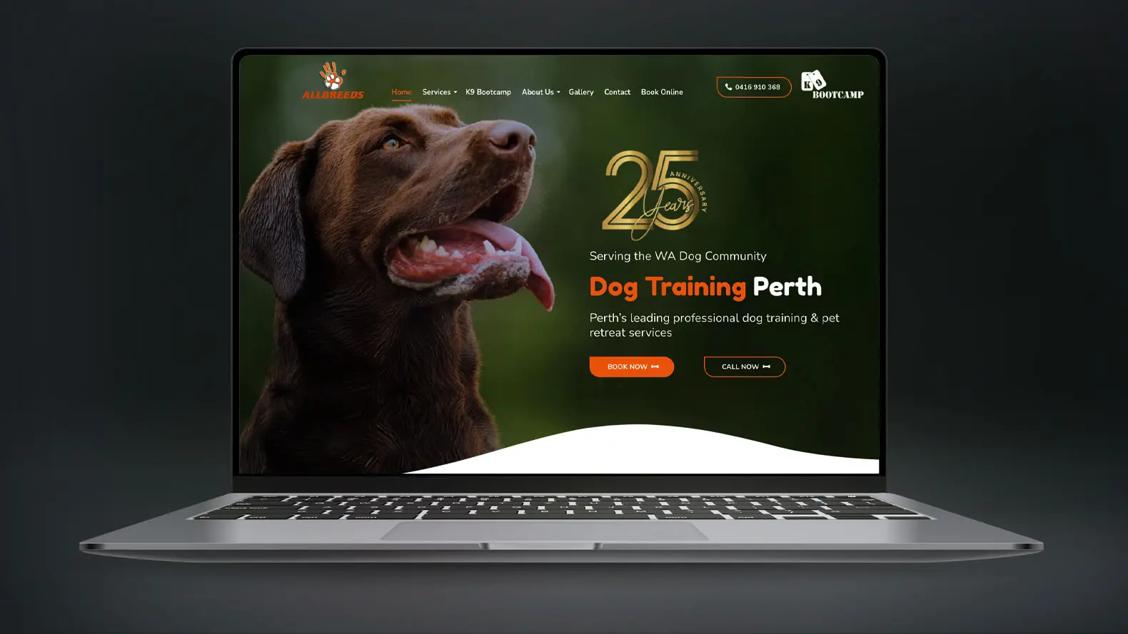 A laptop displays a website for Allbreeds Dog Training Perth, featuring a happy brown dog, 25th anniversary badge, and options to book training services. The website has orange and white text on a green background.