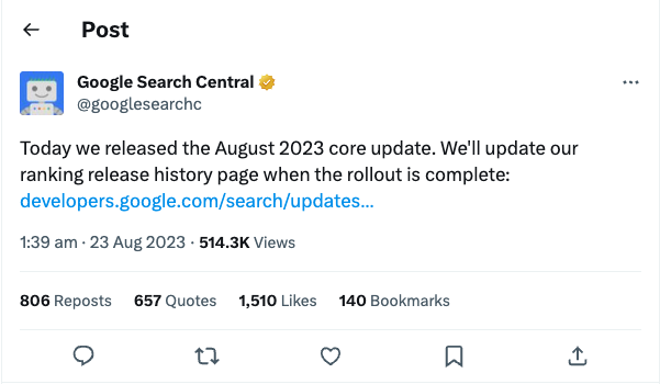 Google August 2023 core update announcement on search ranking release history page