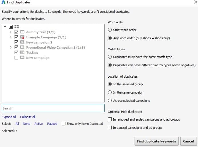 Find duplicate keywords dialog box in Google Ads Editor showing search options