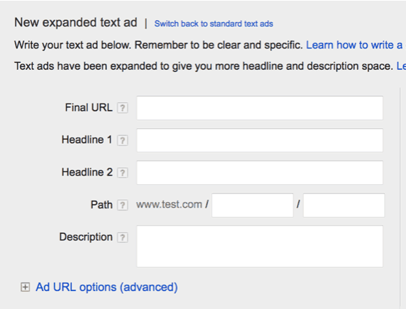 Google AdWords expanded text ads interface showing new ad creation fields