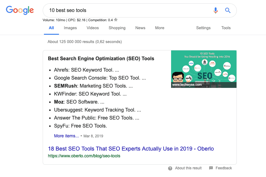 Rich snippet example in search results