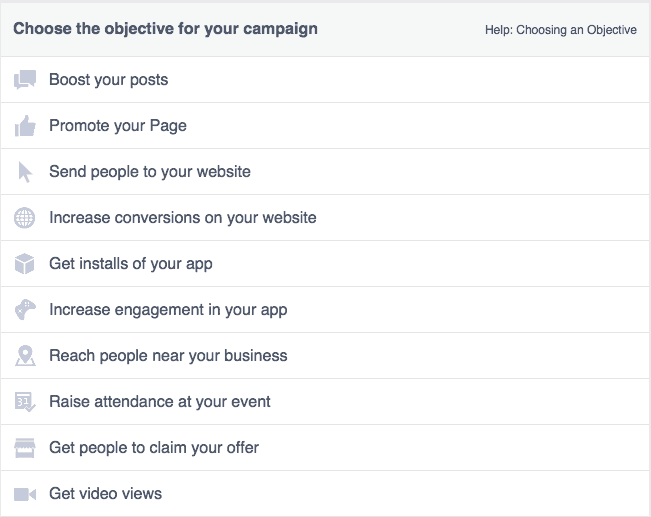 Meta Ads Manager campaign objectives selection screen