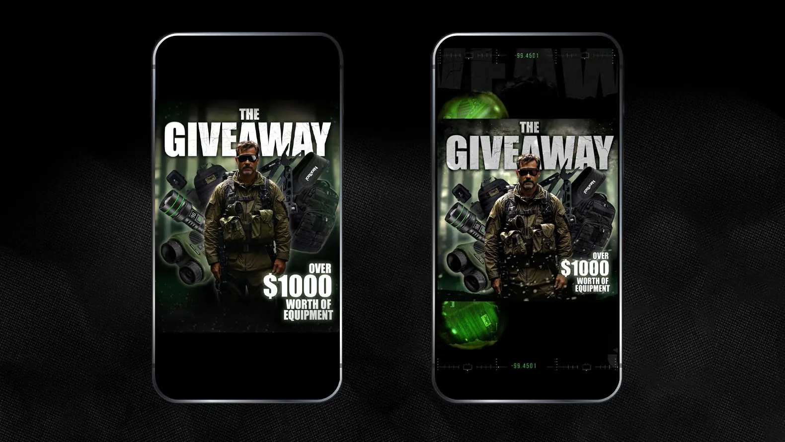 Two smartphones display a promotional image featuring a man in tactical gear, with the text “THE GIVEAWAY: Over £1000 Worth of Equipment” and graphics of survival or tactical items in the background.