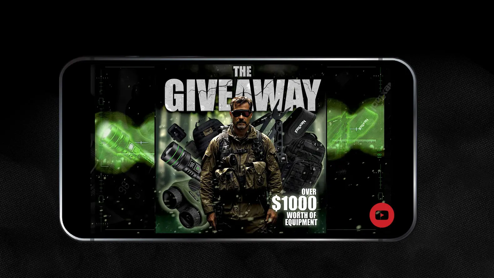 A smartphone screen displays a giveaway promotion featuring a man in tactical gear with various equipment and kit around him. Text reads: “THE GIVEAWAY” and “OVER £1000 WORTH OF EQUIPMENT.” The background is black with green accents.