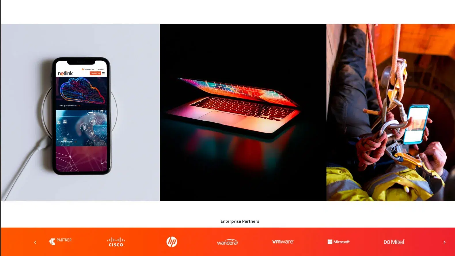 Three images: a smartphone displaying a tech website, a laptop with a glowing screen, and a worker in safety gear using a tablet whilst secured by ropes. Logos of major tech companies are shown at the bottom.