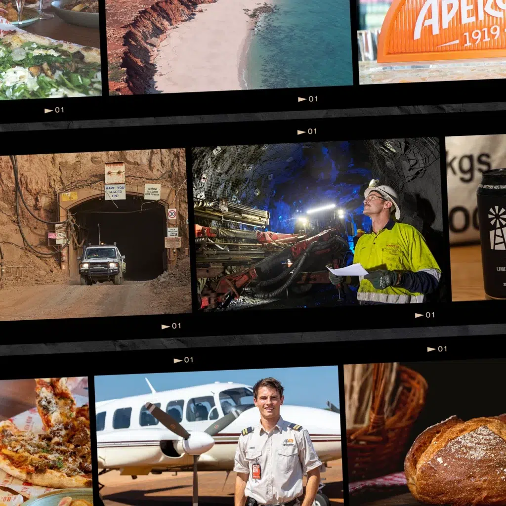 A collage featuring aerial beach views, mining scenes with workers and vehicles, a pilot posing by an aeroplane, various food items, and a beer glass, all arranged in horizontal filmstrip frames.
