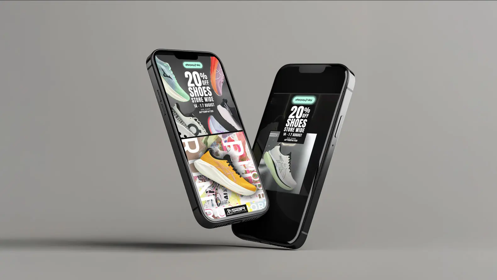 Two black mobile phones float against a grey background, both displaying vibrant trainer adverts from SBR Collective with text offering 20% off shoes and images of various trainers.
