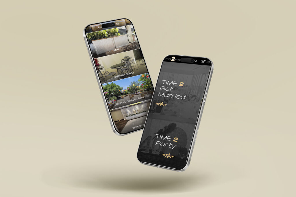 Two mobile phones floating against a beige background. One screen shows a wedding or event venue app menu with photos of locations, the other displays text: TIME 2 Get Married and TIME 2 Party in white and gold letters.