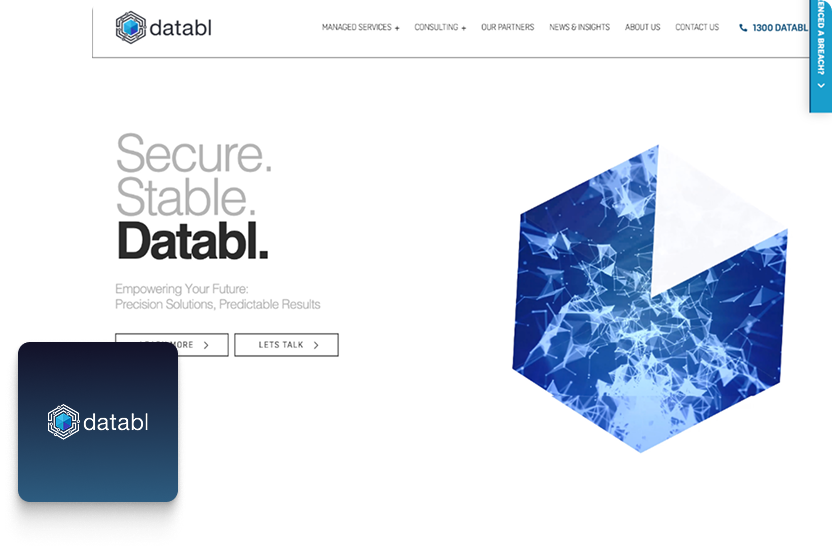 Website homepage for Databl featuring modern web design—a bold logo, navigation menu, tagline “Secure. Stable. Databl.”, blue fractured-glass hexagon graphic, and a “Let’s Talk” button—perfect for LinkedIn Outreach or connecting with clients.