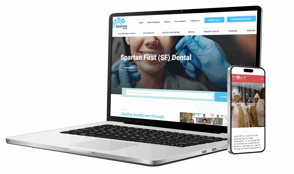 A laptop displays a dental clinic website with a child patient and dentist, while a mobile nearby features a healthcare worker on another site—both devices highlight Indigenous-Owned Businesses against a white background.