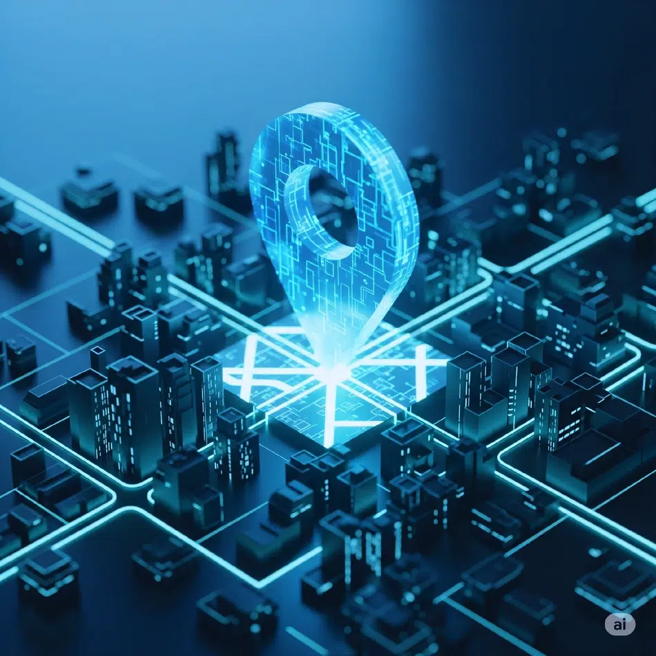 A glowing blue digital map pin hovers above a futuristic cityscape made of circuit-like buildings and illuminated streets, symbolising technology and location services.