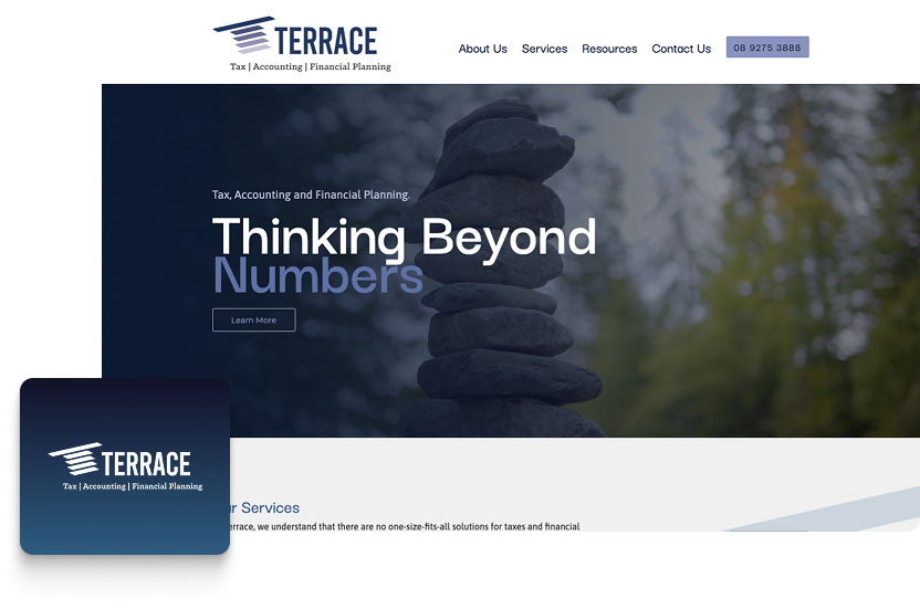 A website homepage for Terrace tax, accounting, and financial planning features a stack of balanced stones, blue branding, navigation links, and a Thinking Beyond Numbers tagline overlaid on a blurred nature background, highlighting expert Financial Services.