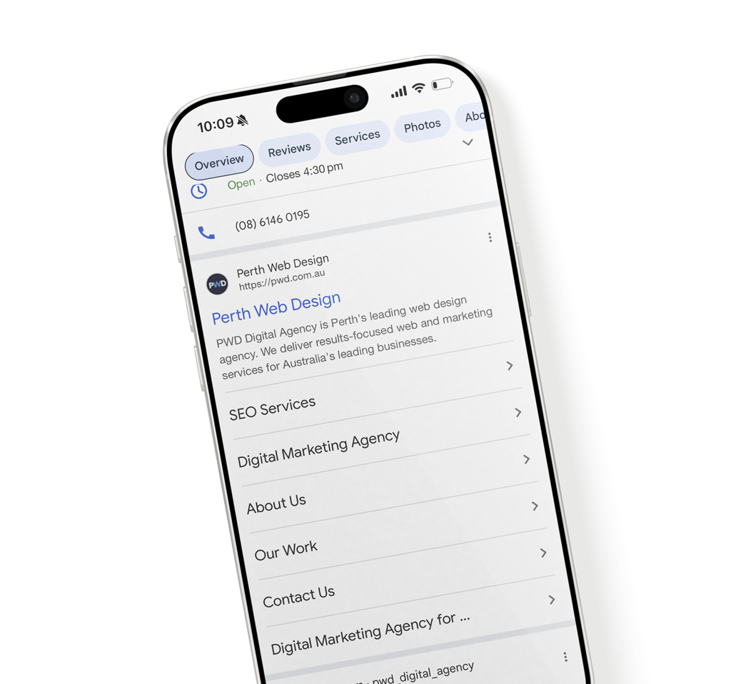 A smartphone displaying a Google search result for Perth Web Design, showing business information, contact details, and service categories on a white background.