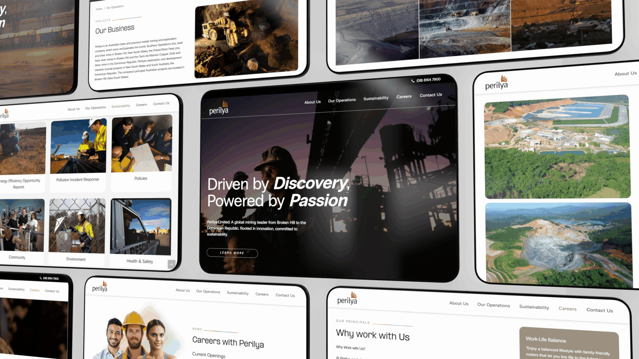 A collage of website pages displays images of mining operations, workers in safety gear, group meetings, and scenic mine locations, alongside text about business operations, sustainability, careers, and company values.