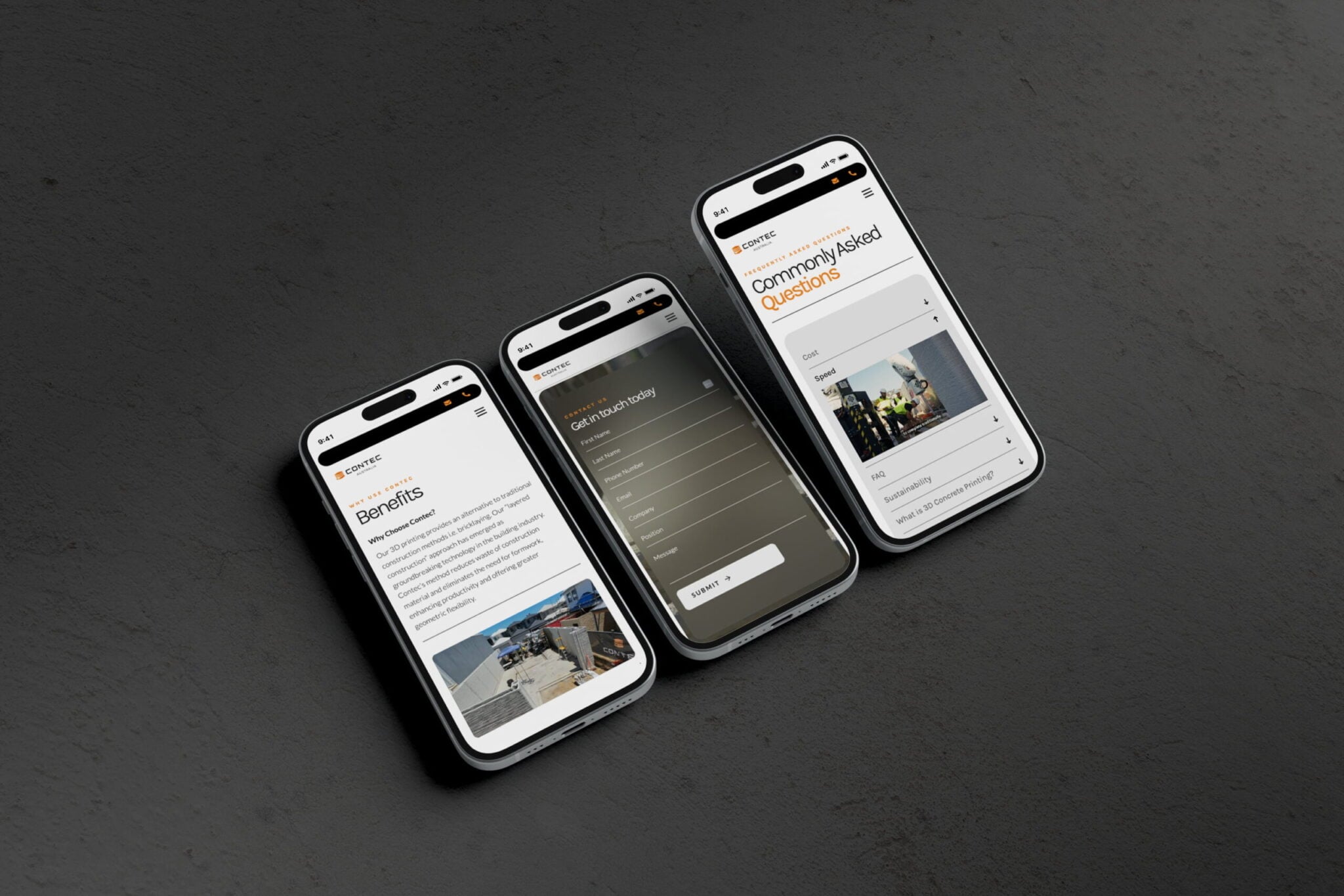 Three smartphones displayed on a dark surface, each showcasing different screens of the Contec Australia construction website: benefits, a contact form, and a frequently asked questions page.