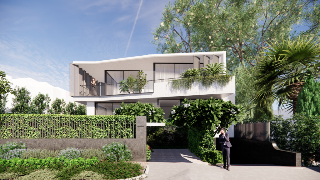 Modern white two-storey house with large windows and balconies, surrounded by lush green plants and trees. A Contec Australia representative in formal attire stands near the entrance on a sunny day with a blue sky.