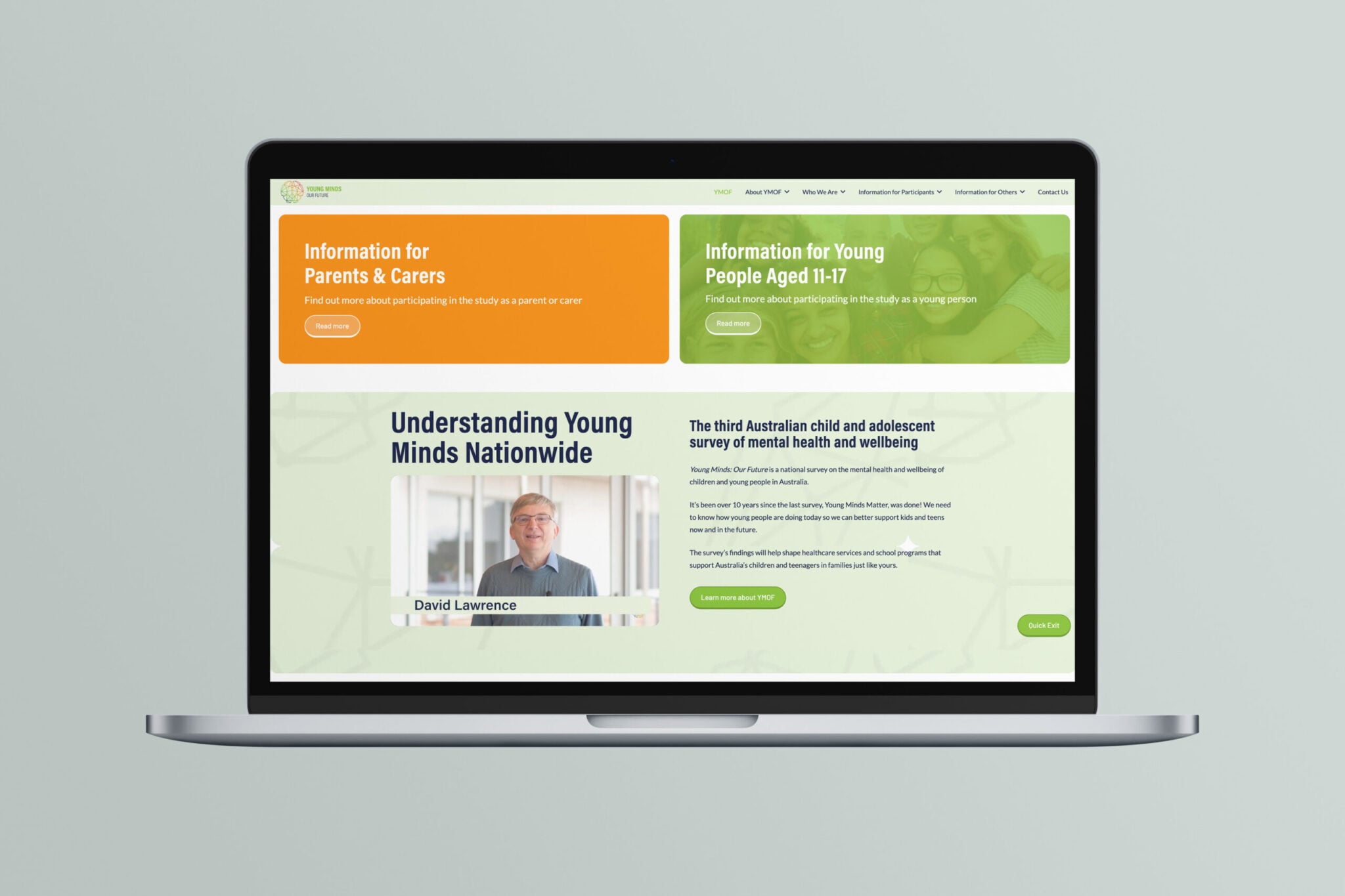 A laptop displays a website with sections for parents, carers, and young people aged 11–17. The screen highlights a mental health study by YoungMinds and features a photo of a man labelled David Lawrence, focusing on the future of youth wellbeing.