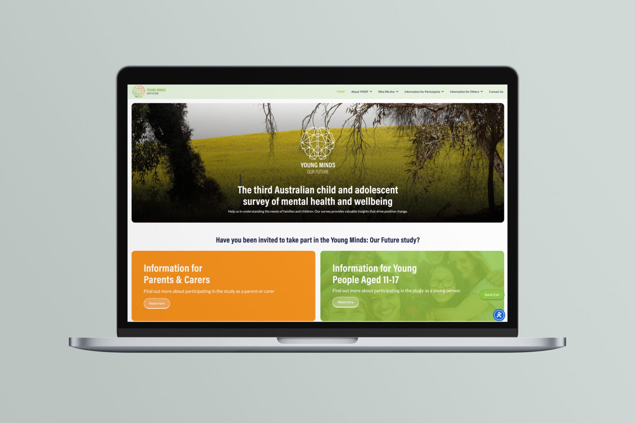 A laptop displays the Young Minds survey website, highlighting Our Future—the Australian child and adolescent mental health study—with sections for parents, carers, and youth development tips for young people aged 11–17.