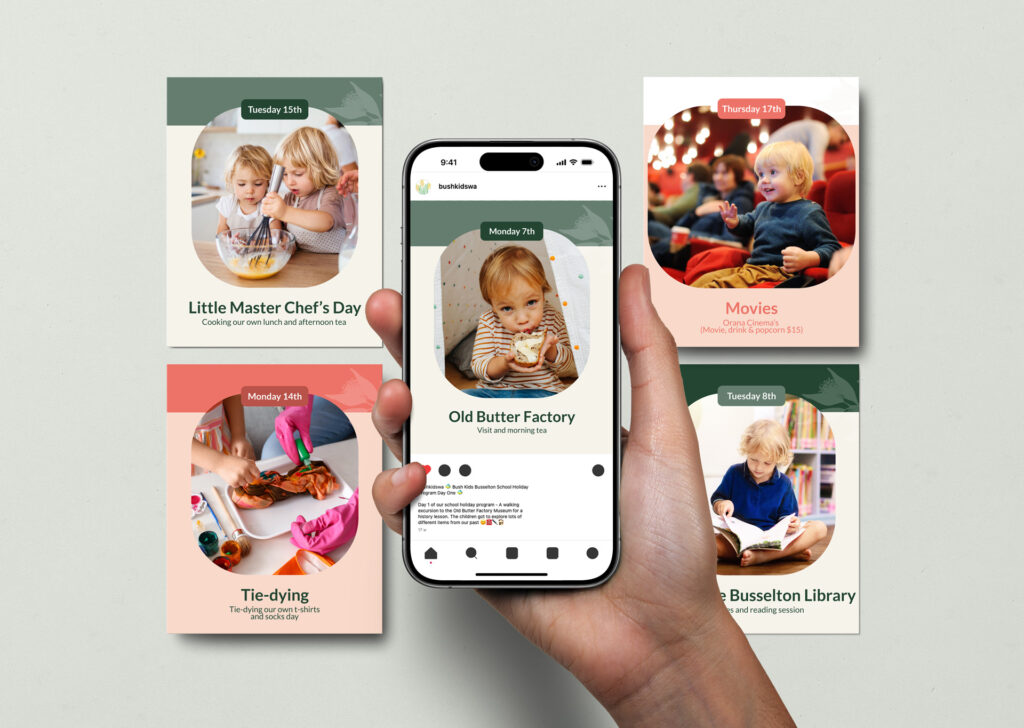 A hand holds a mobile phone displaying an event post for Old Butter Factory featuring a toddler eating. Surrounding it are colourful flyers with children cooking, tie-dyeing, watching films, and Bush Kids enjoying early education at the library.