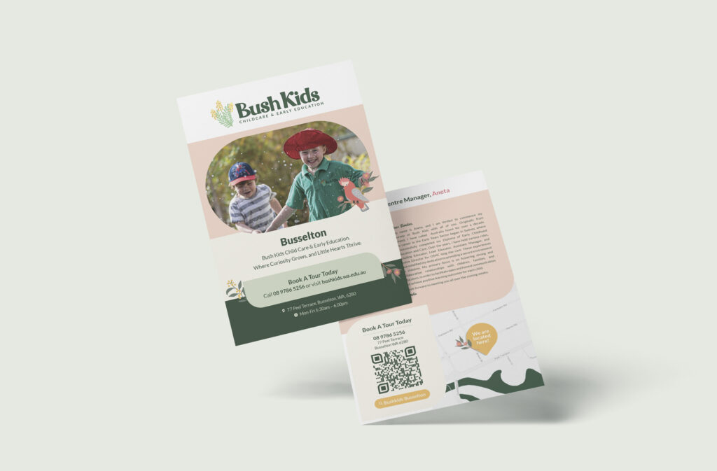 Two Bush Kids flyers promoting outdoor tours for children, featuring the Bush Kids logo, early education themes, photos of children in explorer hats, contact info, a QR code, and playful graphics of leaves and a lizard on a light background.