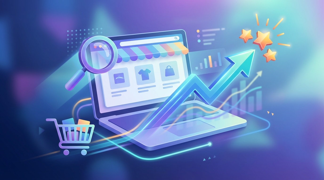 Modern illustration of eCommerce SEO concepts including online store, search optimization, upward growth trends, and shopping cart
