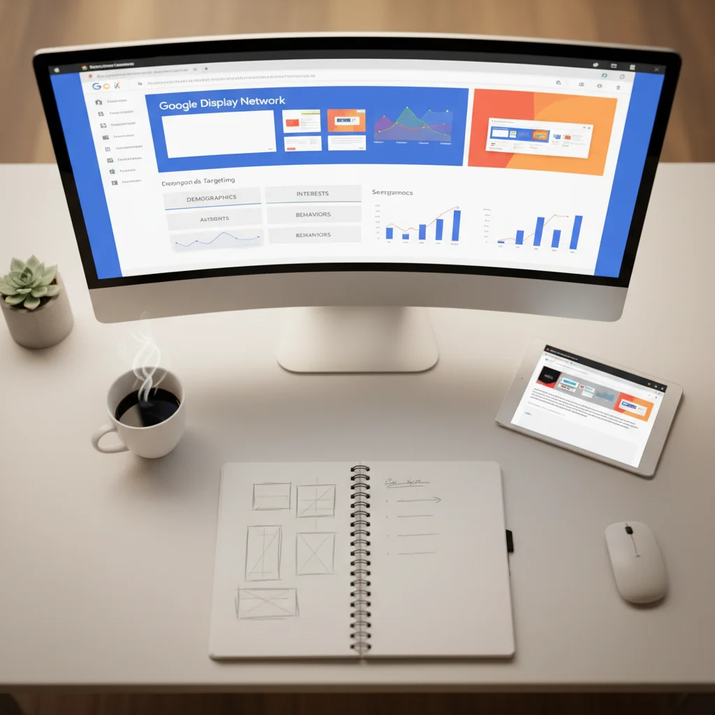Google Display Network campaign dashboard with ad previews and targeting options on a marketing strategist's desk
