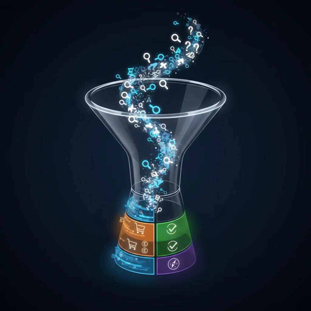 A digital illustration of a sales funnel with icons like magnifying glasses and tick marks swirling into it, highlighting keyword intent, and segmented sections at the base with symbols for shopping trolleys, checklists, and user profiles.
