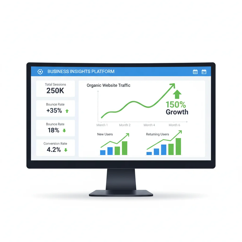 Business analytics dashboard showing organic traffic growth trends and SEO performance metrics