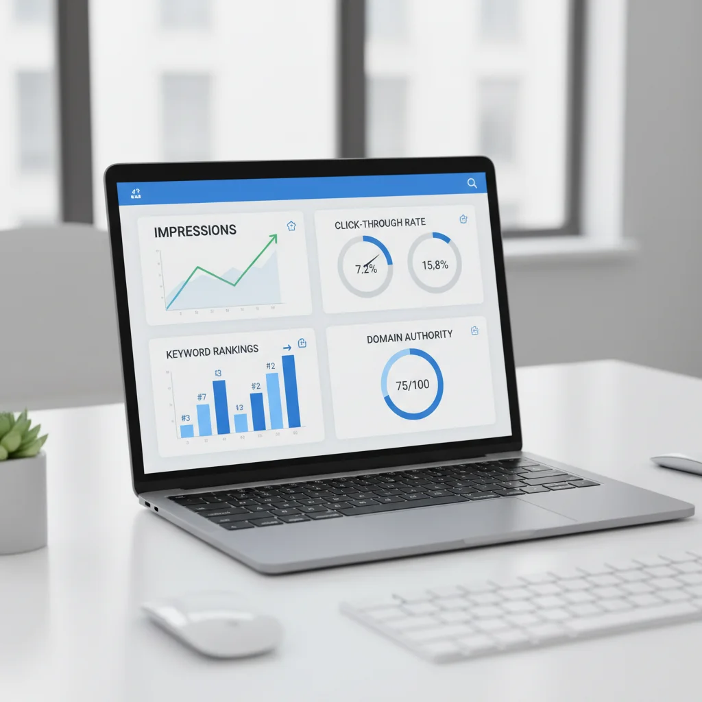 SEO metrics dashboard showing organic impressions, click-through rates, and keyword ranking improvements