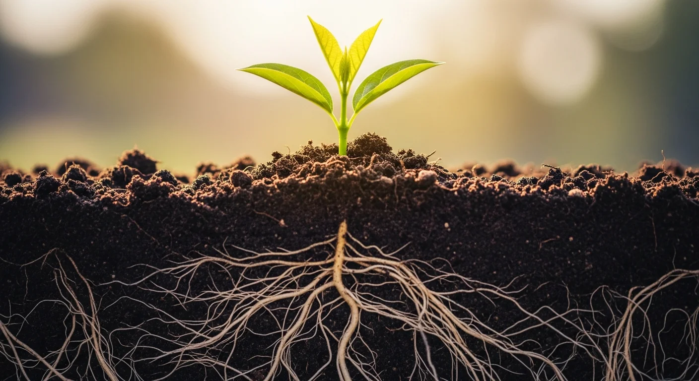 Young plant seedling with roots growing underground as a metaphor for SEO building authority over time