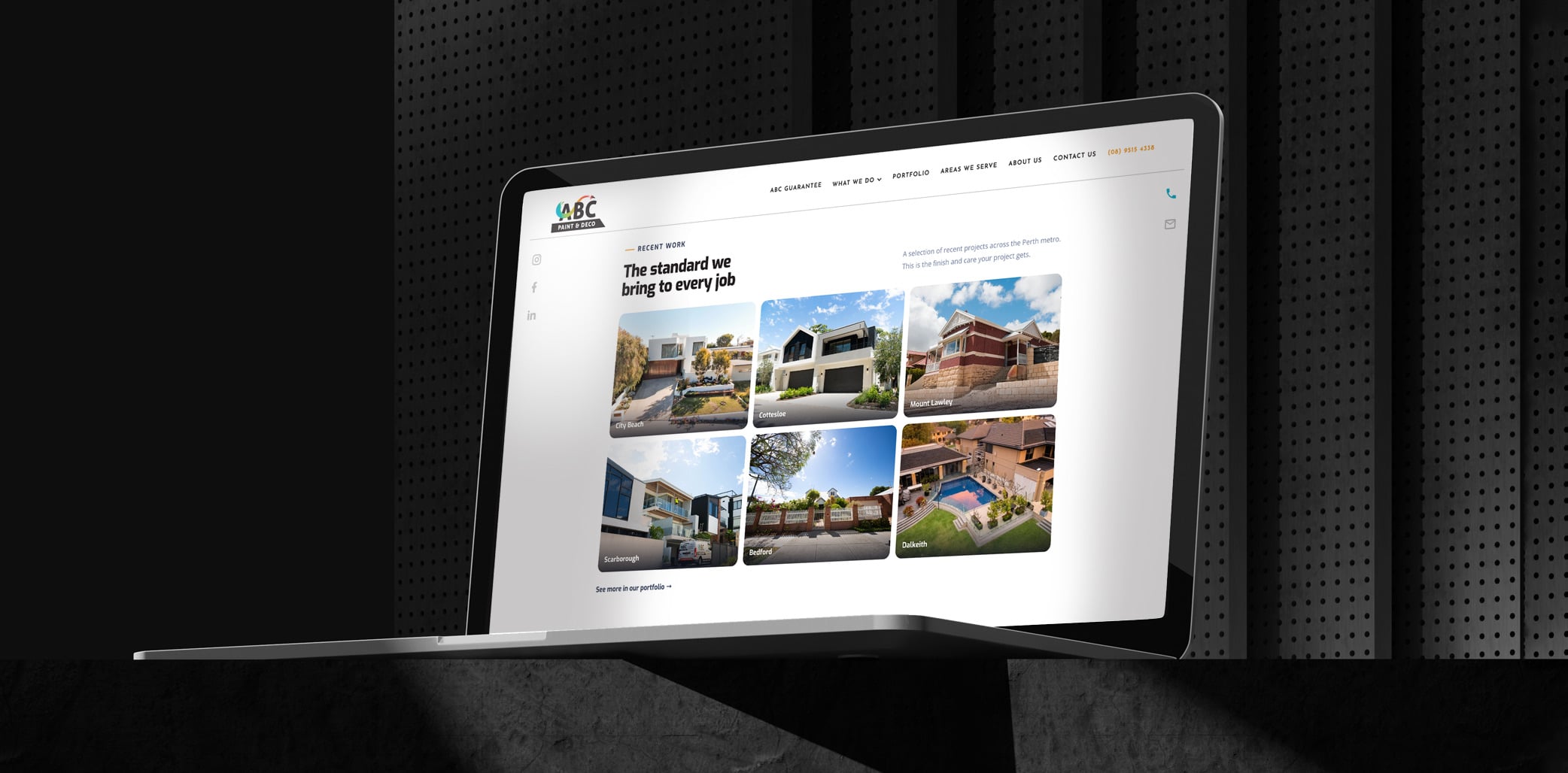 ABC Paint & Deco recent work portfolio page shown on a laptop