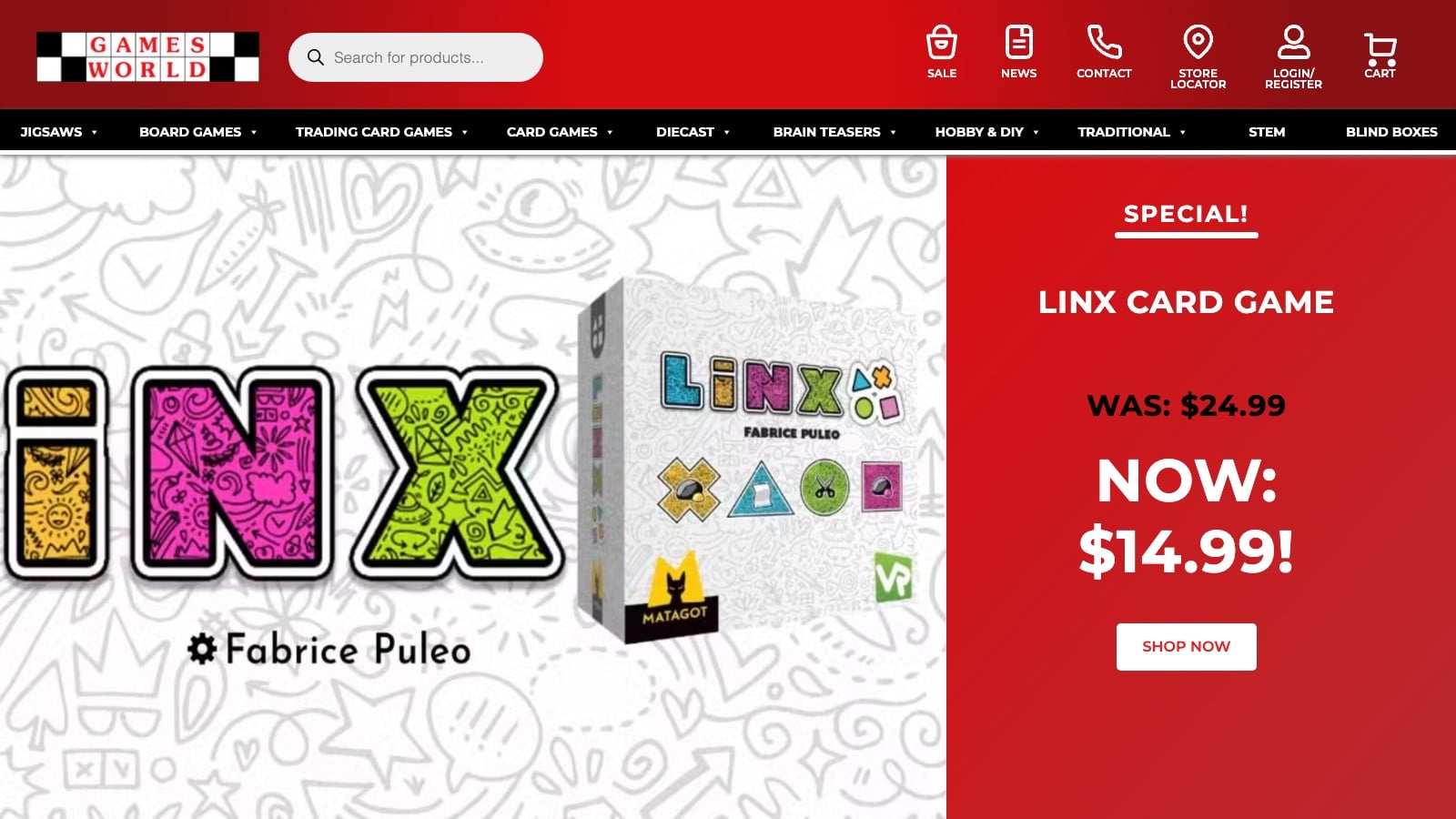Games World website homepage built by PWD, showing product search, department navigation and a featured promotion