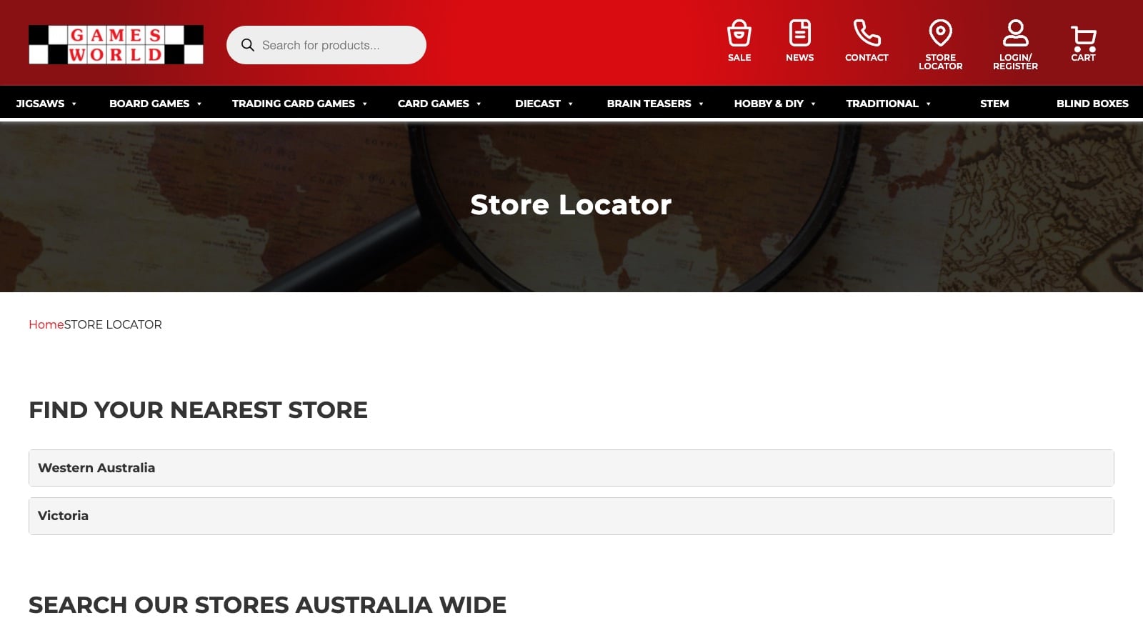 Games World store locator for finding the nearest of 25 stores across Perth and Melbourne